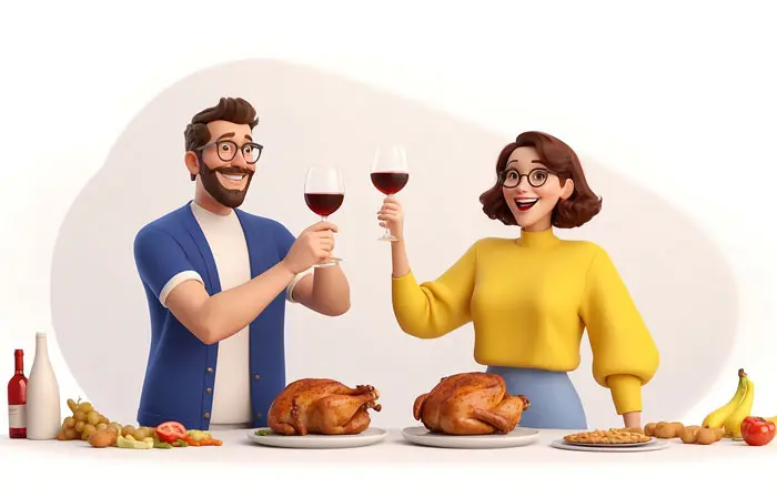 Couple Celebrating with Drinks and Food 3D Graphic Illustration